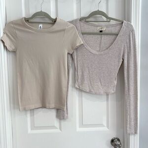 Universal Thread & 90 Degree Beige Ribbed Short & Long Sleeve Tops Women S Set